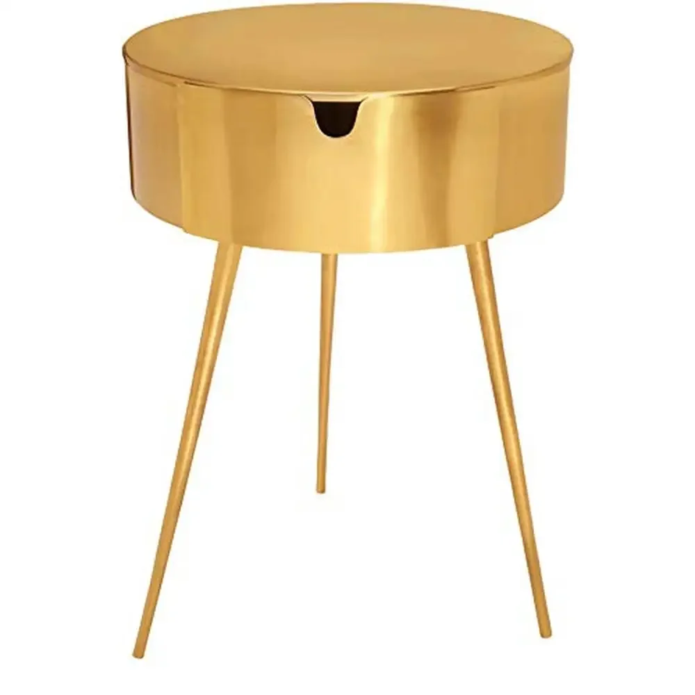 Metal Side Table with Drawer 16x16x23 Gold Round Contemporary Nightstand Frame Top