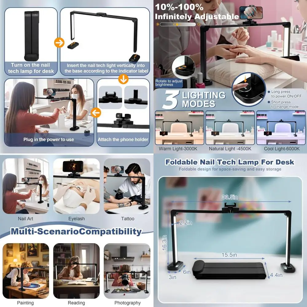 

33.5'' Wide Desk Lamp with Nail Polish Holder - No Glare, Perfect for Manicure and Esthetician Tasks in Black