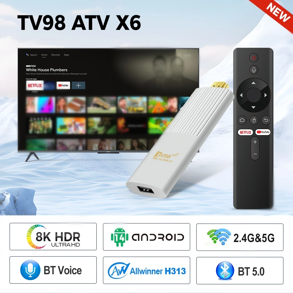 TV98 Mini TV Stick Android 14 TV Stick HDR Set Top Box 8K Video WiFi 2.4/5G Streaming Smart TV Box for Network Media Player