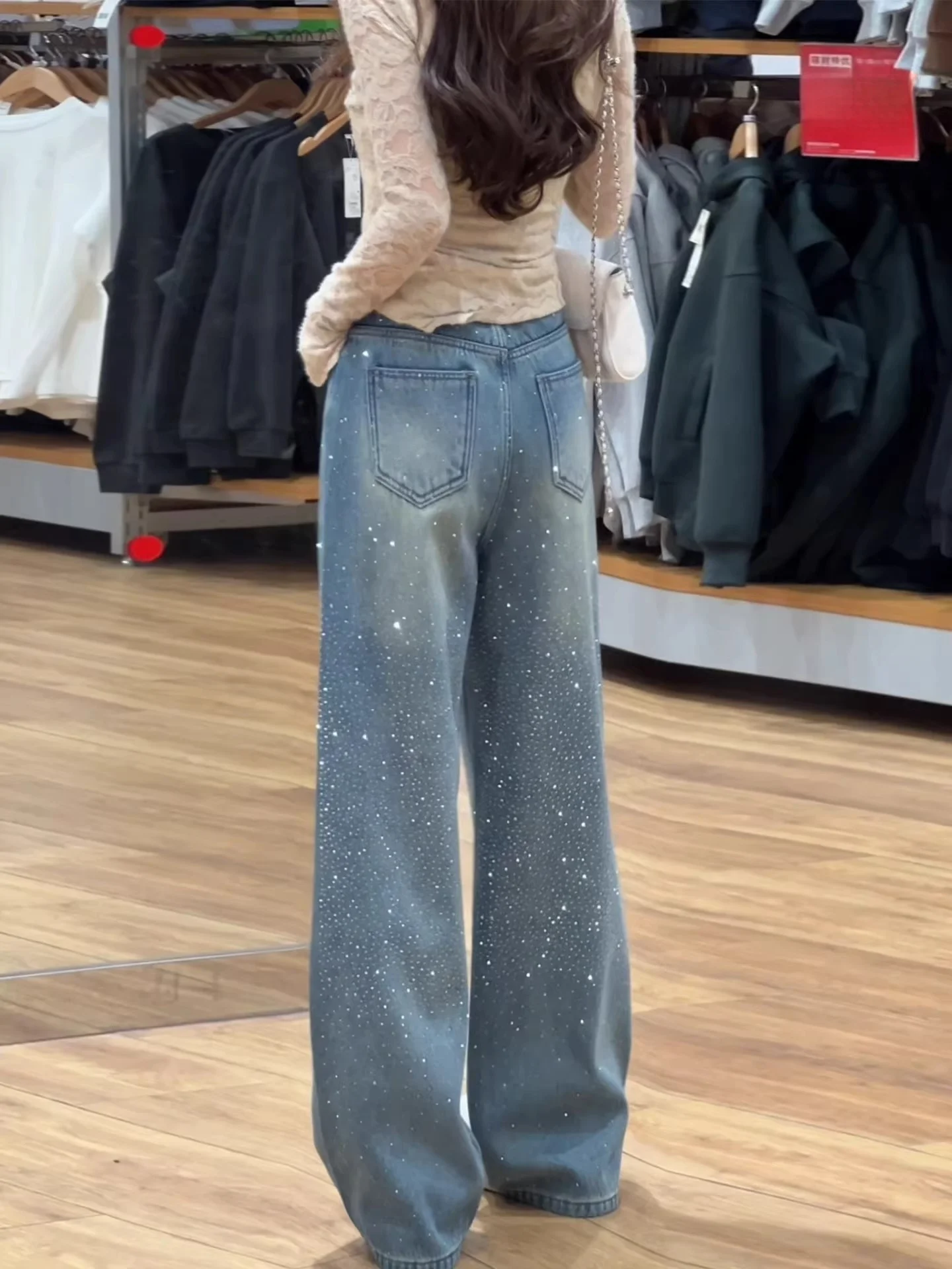 Heavy Duty High Waist Women's Jeans Sequin Straight Leg Casual Commute Style Winter Season Blue Denim Non-Stretch Fit