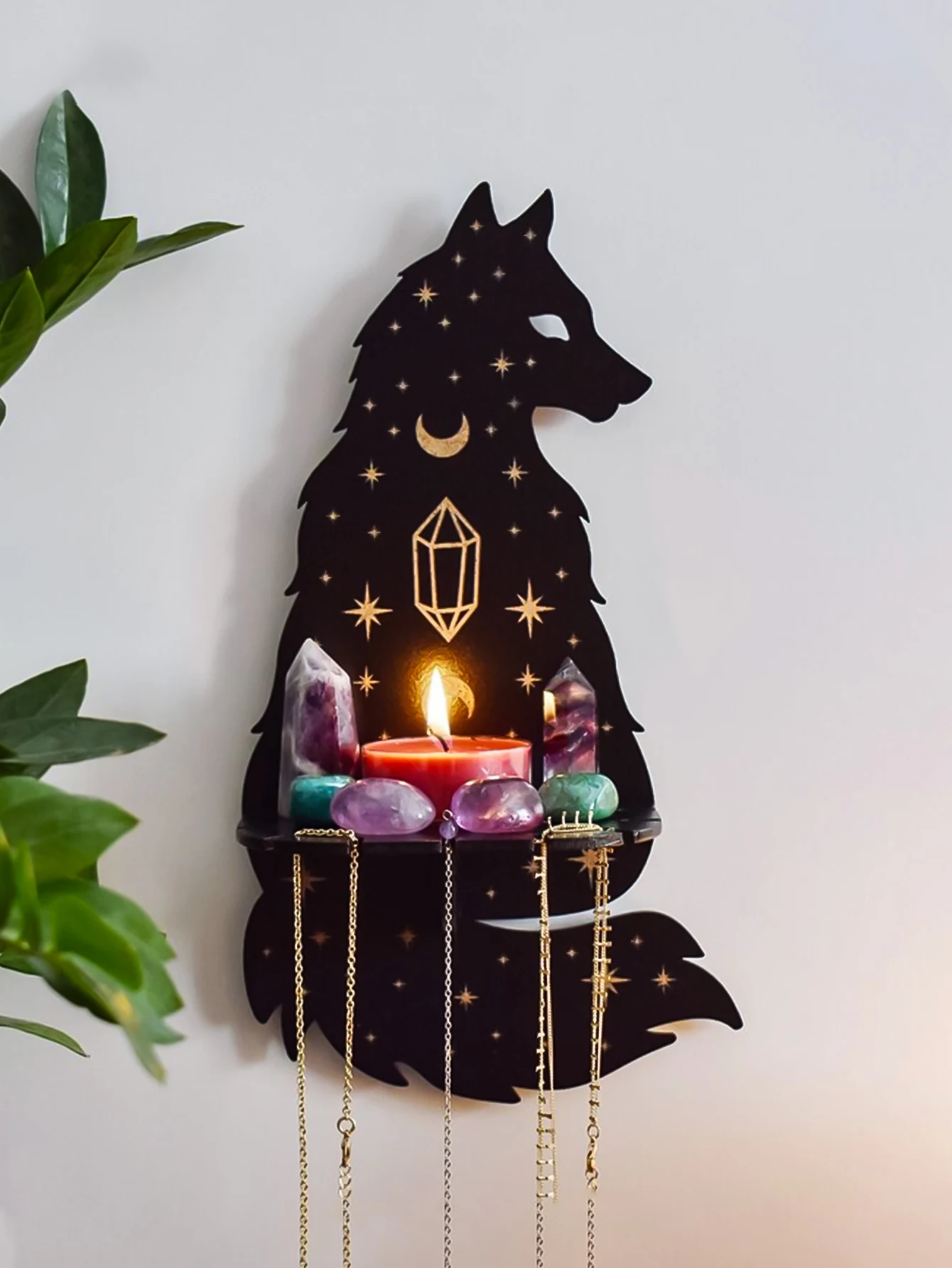 Fox Wall Shelf Black Wooden Floating Shelves Boho Home Decor Moon Phase Crystal Stone Display Stand Witch Room Wall Decors Ledge