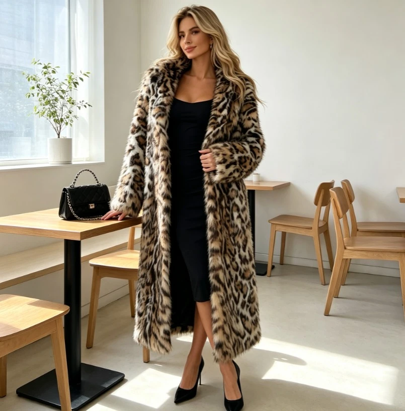 Women Faux Fox Fur Coats Long Overcoat Leopard Print Turn Down Collar Furry Outerwear Open Stitch Y2k Loose Autumn Winter 2026