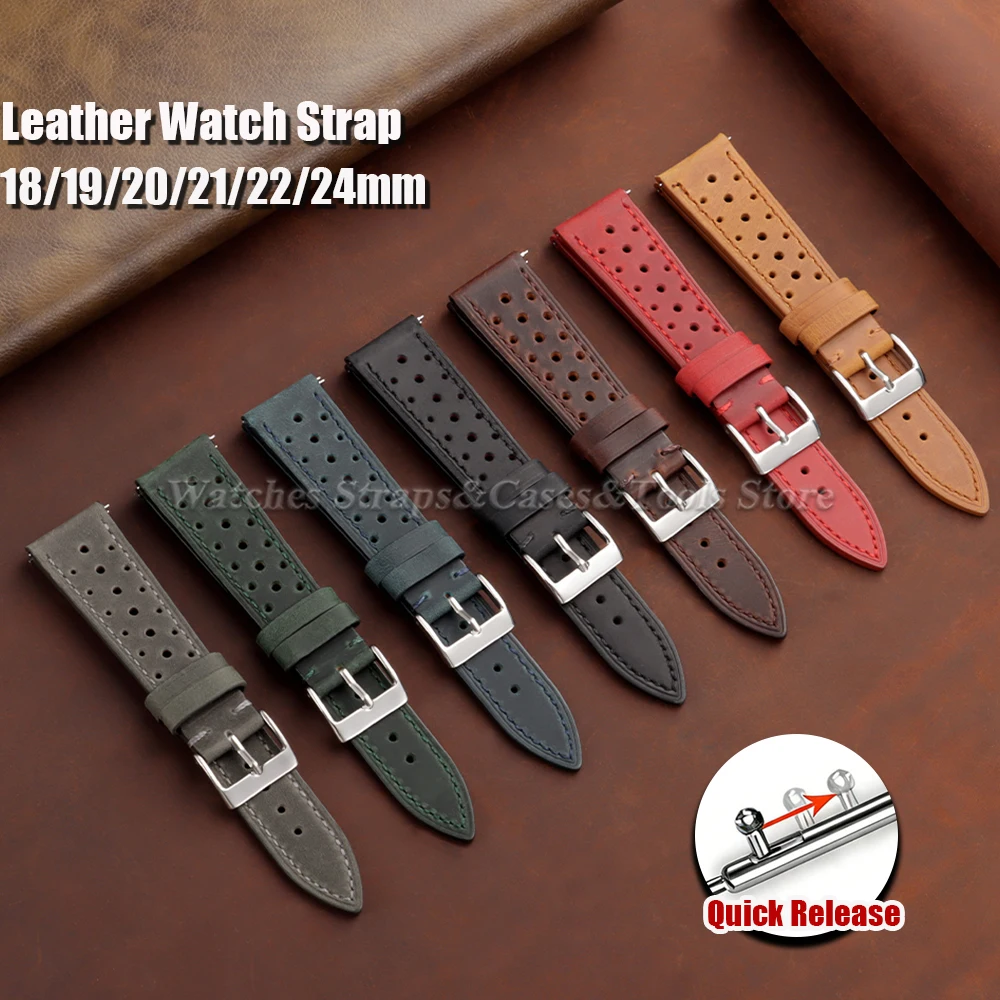 Vintage Handmade Watch Strap 18mm 19mm 20mm 21mm 22mm 24mm Racing Leather Strap for Seiko for Omega Breathable Porous Watchbands