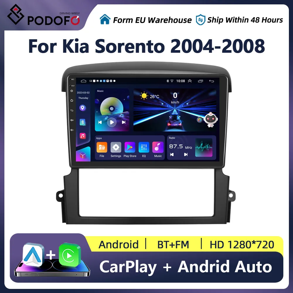 Podofo Car Stereo Radio 2 Din Android Carplay For Kia Sorento 2004-2008 Multimedia Touch Screen Player Navigation GPS Home Wifi