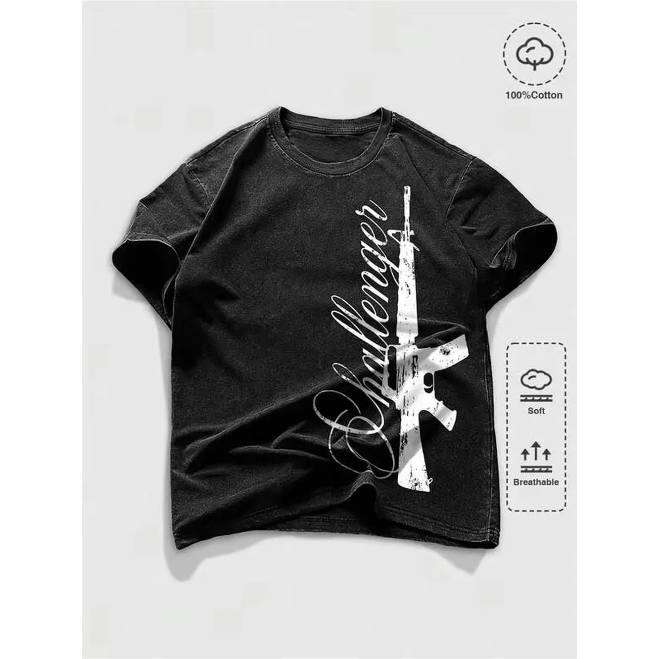 ROMWE MEN Goth Men's Summer Casual Gun Letter Print T-Shirt