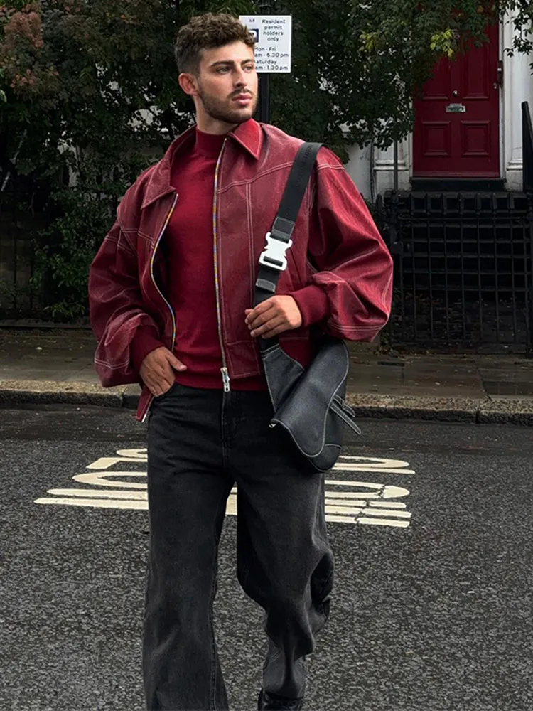 Blouson aviateur en cuir PU à manches longues pour hommes, manteau à double fermeture éclair, revers en cuir Faxu, vêtements d'extérieur chics, vert carillon décontracté, 2024