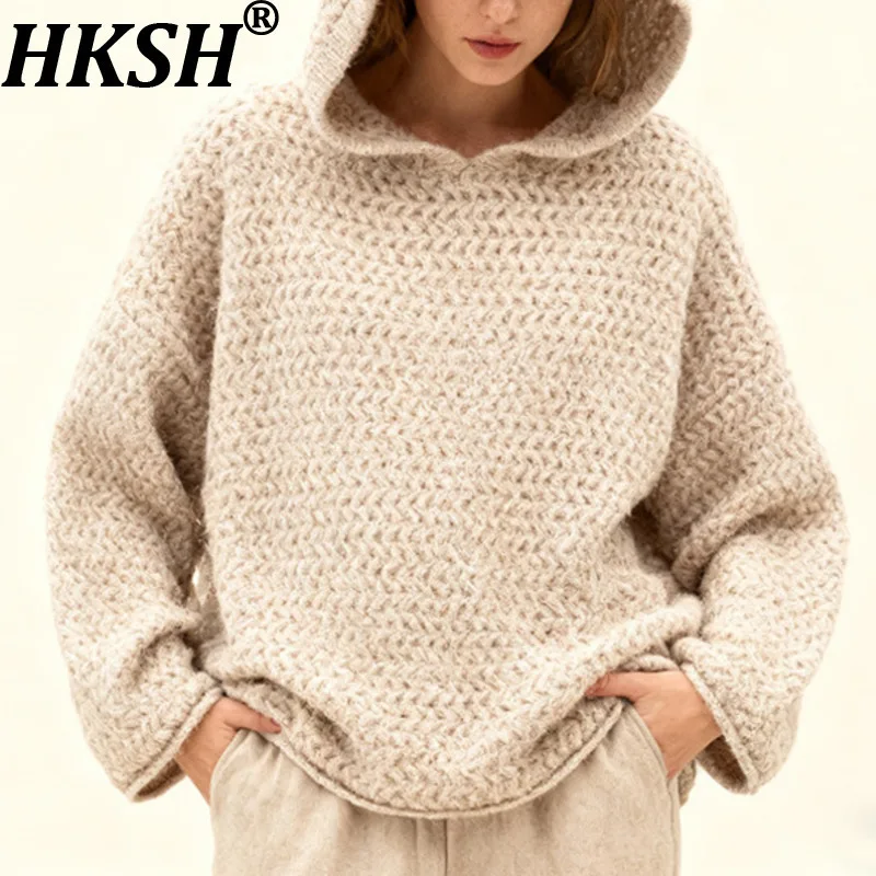 

HKSH 2025 Autumn Winter New Women's Sweater Hooded Pullover Solid Color Versatile Elegant Trend Chic Casual Knitted Tops HK15500