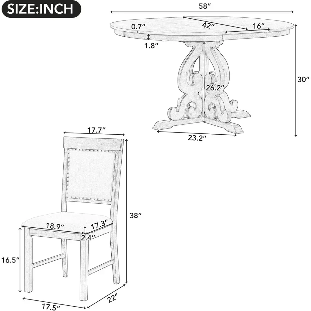 5 Piece Dining Table Set, Extendable Tables with A 16-inch Leaf and 4 Upholstered Chairs, Retro Functional Dining Set