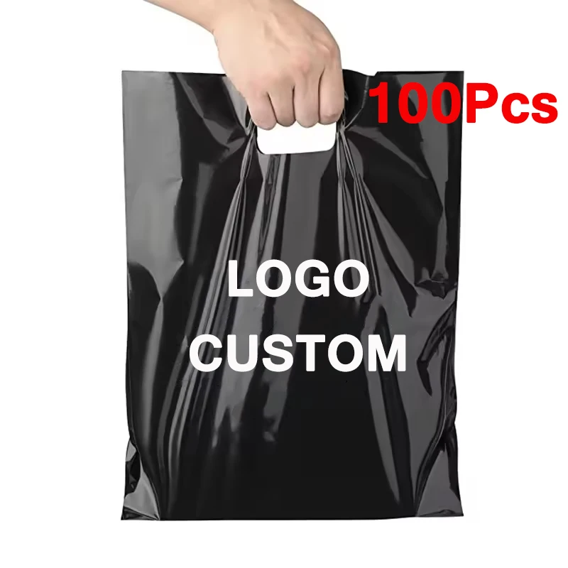 

100 шт., сумка для покупок с логотипом, пластиковая плоская подарочная упаковка, сумка с логотипом, бесплатная печать, сумки для товаров с ручками