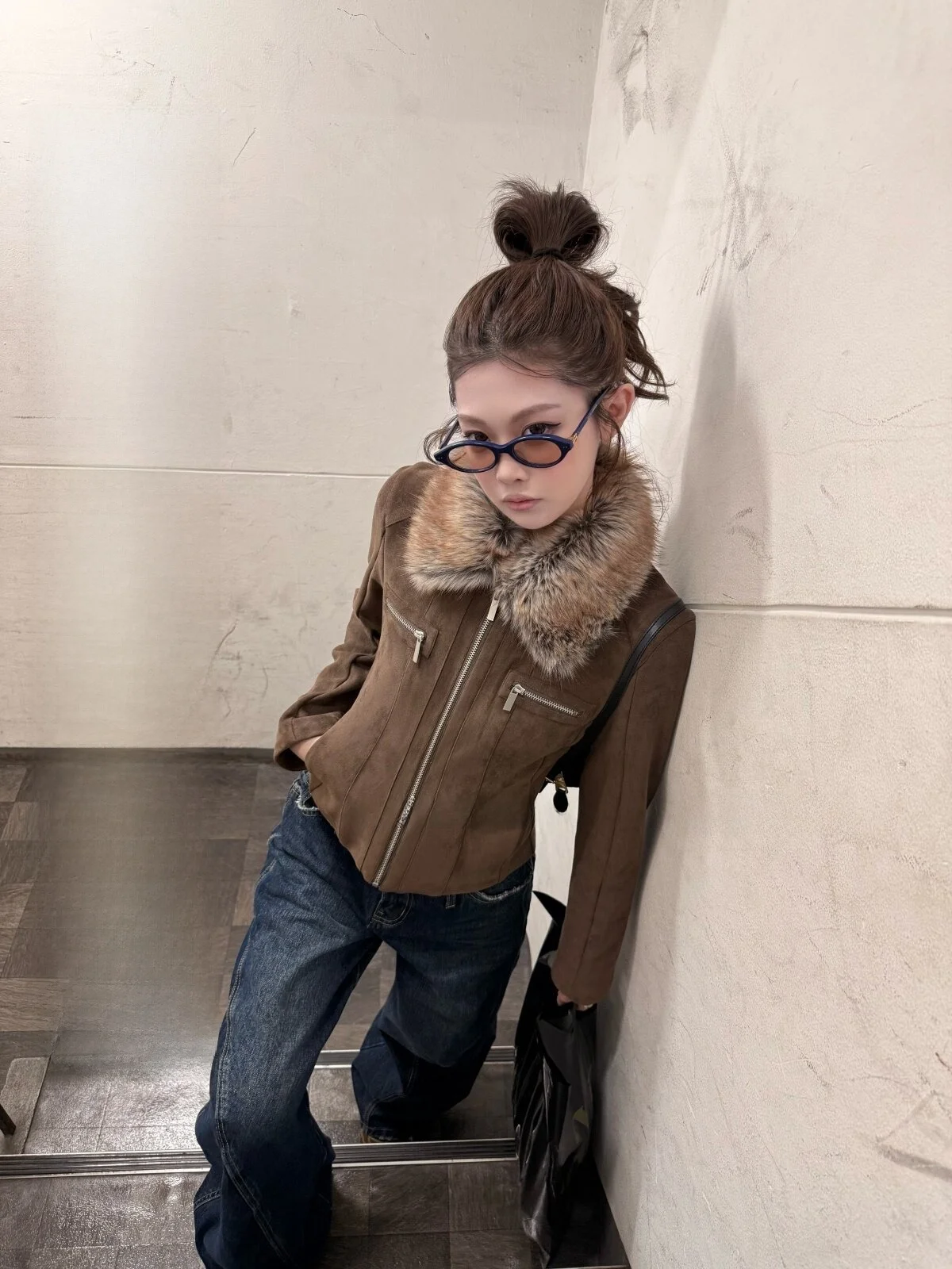 

Vintage Sle Fce Lined Leopard Print Collar Jaet Women's Bla Coffee Outerwear Long Sve Zipper Closure Ladies Coat