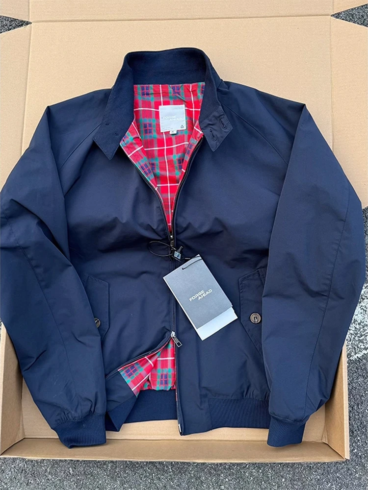 Chaqueta Harrington de Cuello Corto Estilo Americano Retro, Color Azul Oscuro, Informal, para Principios de Otoño, para Hombr...