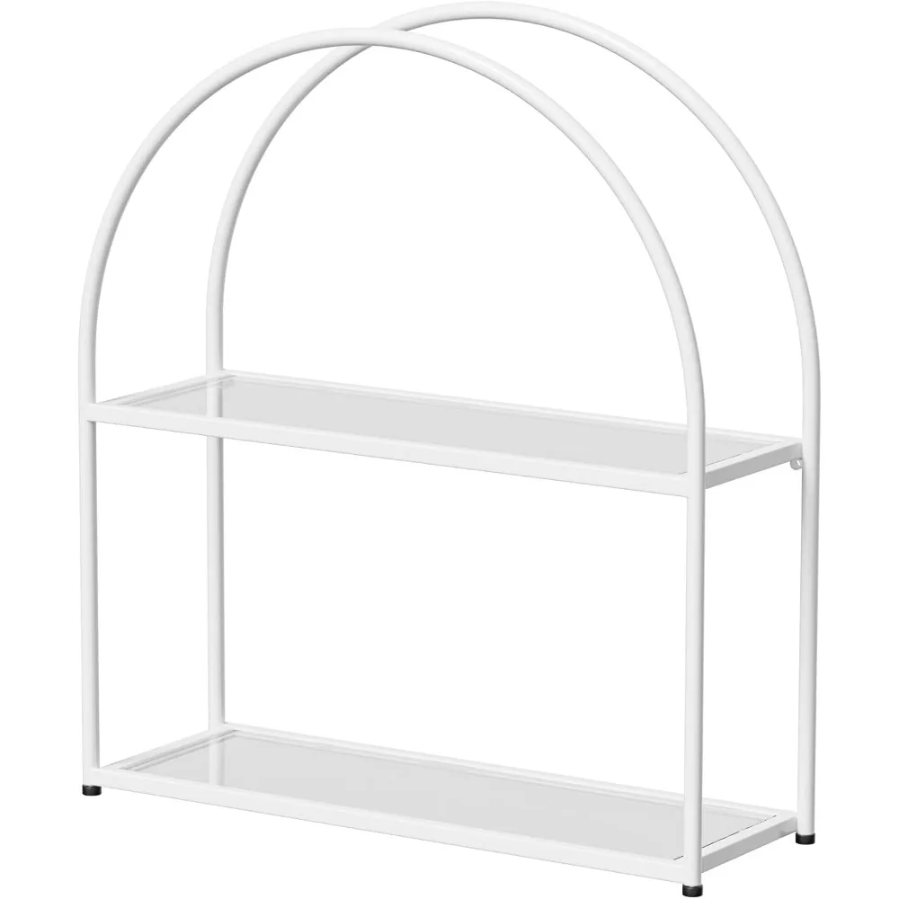 

White Arched Frame Wall Shelf, Decorative 2 Tier Bathroom Wall Shelf with Transparent Tempered Glass Shelves and Robust Storage