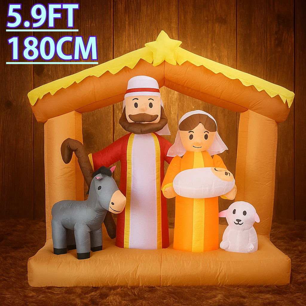 5.9FT Giant Inflatable Model Christmas Nativity Scene Decor Holy Family Donkey Lamb LED Home Ornament Gift Xmas Yard Decorations