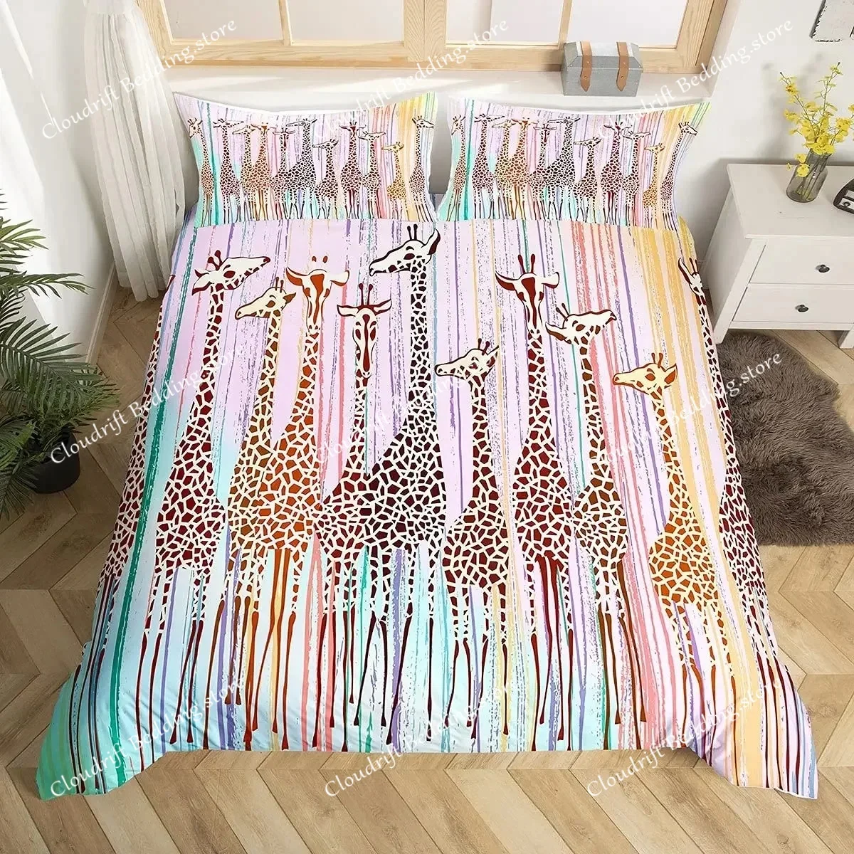 Cartoon Giraffe Duvet Cover King Queen Tropical Animals Bedding Set for Kids Boys Girls Lovely Wildlife Polyester Quilt Cover