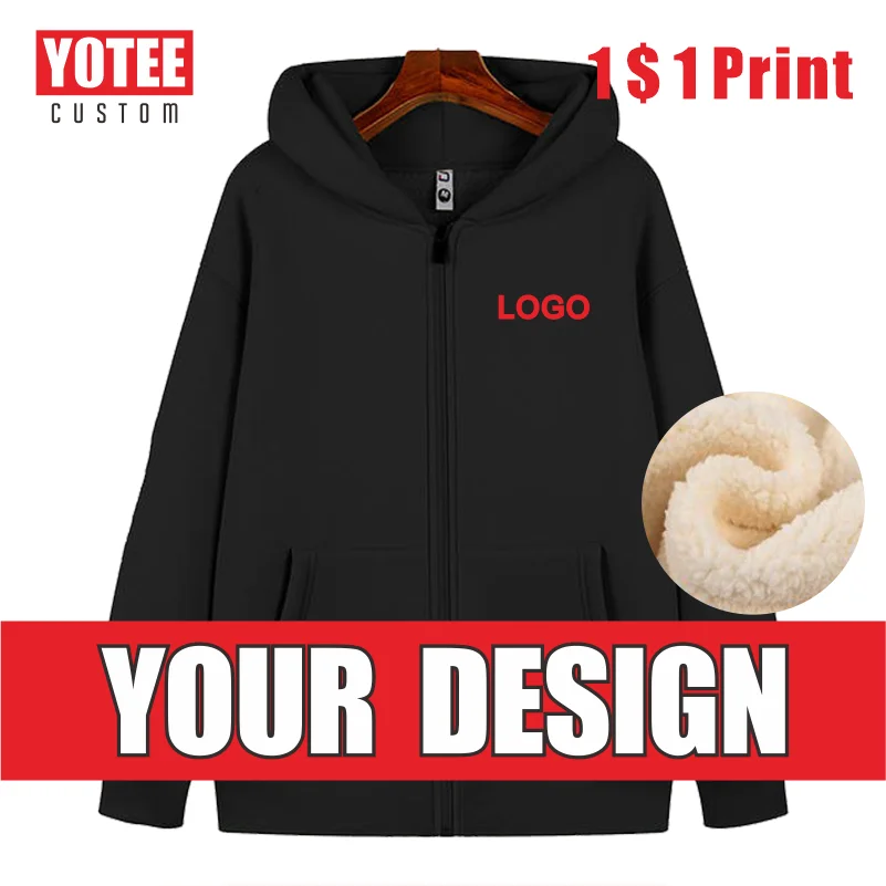 

YOTEE Men's Cashmere Zipper Hoodie Pullover Customized Embroidery Print DIY Sweatshirt Thickened Lamb Fleece Sweater