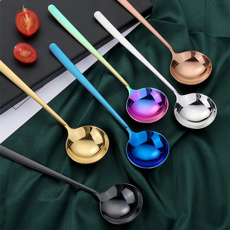 Colors Large Round Head Tablespoons Long Handle Coffee Stirring Spoon Stainless Steel Tableware Ramen Soup Ladle Kitchen Utensil