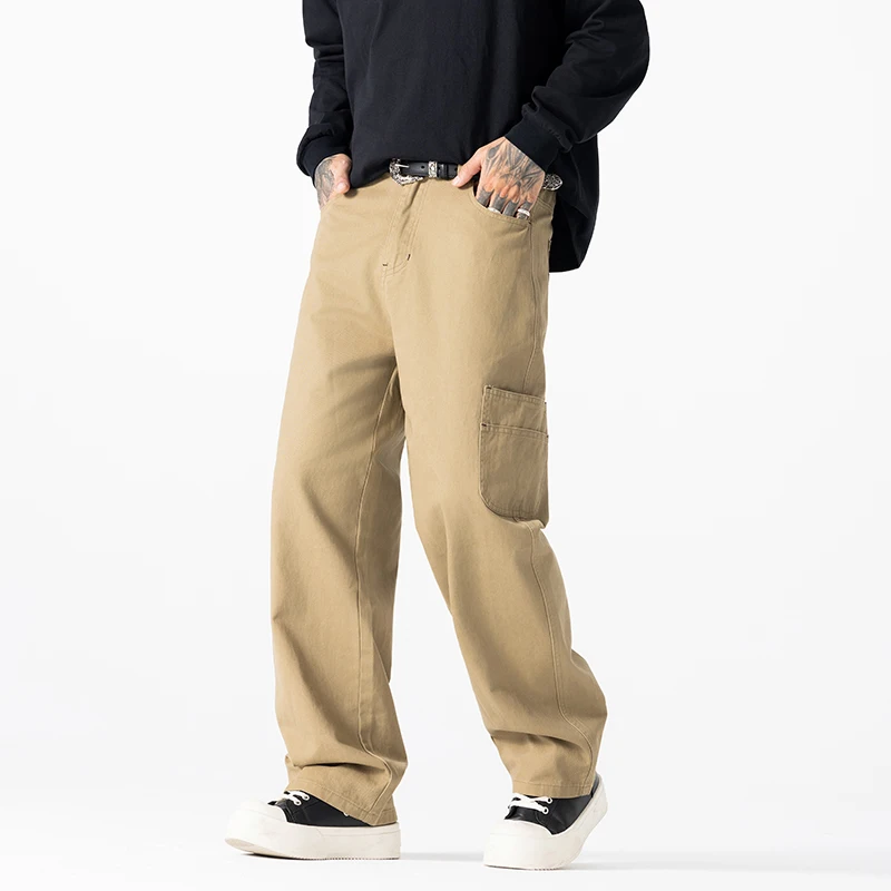 الراقية جودة اليابانية مستقيم الساق السراويل البضائع الرجال موضة فضفاضة الرجال السراويل جيب بسيط واسعة أرجل بناطيل كاجوال #5