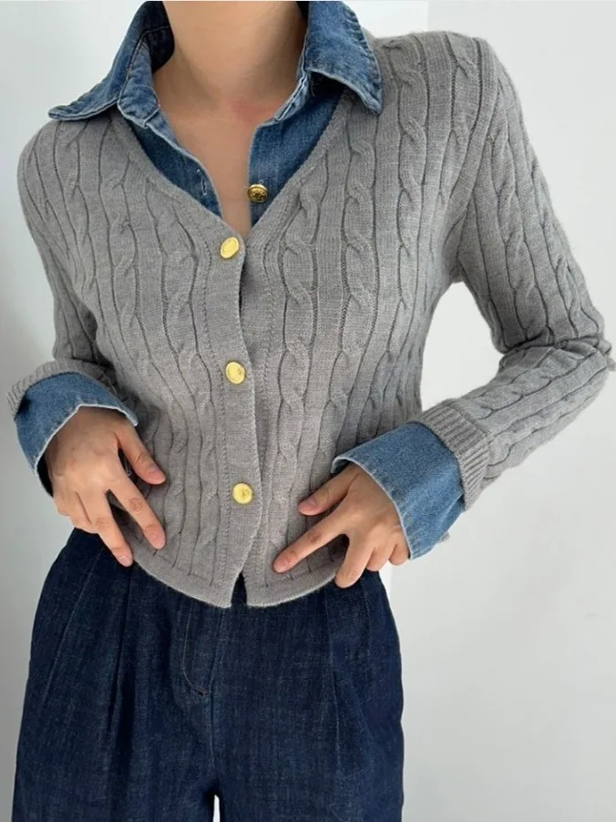 

Корейский джинсовый воротник с воротником из двух частей, длинный витой трикотаж, женский элегантный свитер универсального дизайна