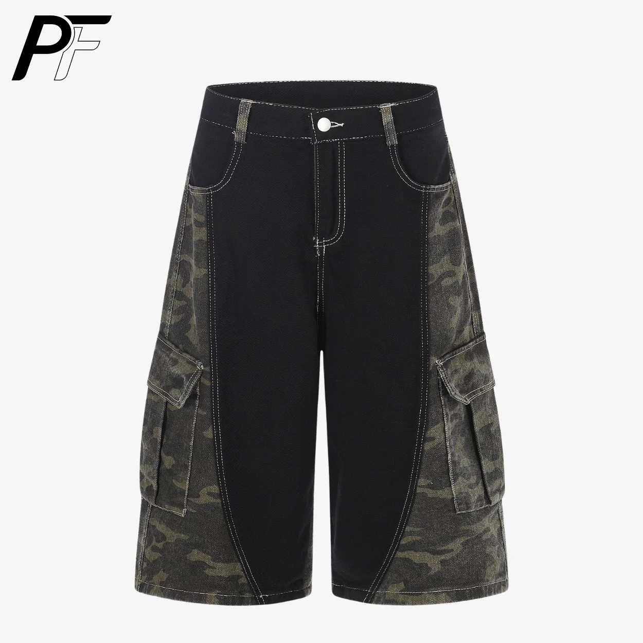 

Y2K Camo Patchwork Denim Cropped Pants Men's Baggy Wide Leg Cargo Shorts with Multi-Pocket Design Vintage Jorts for Hip Hop