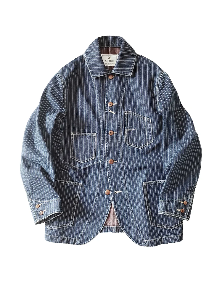 

Amekaji Wear Clothes Men Striped Denim Workwear Suit Long Sleeve Coat Retro Casual Gate