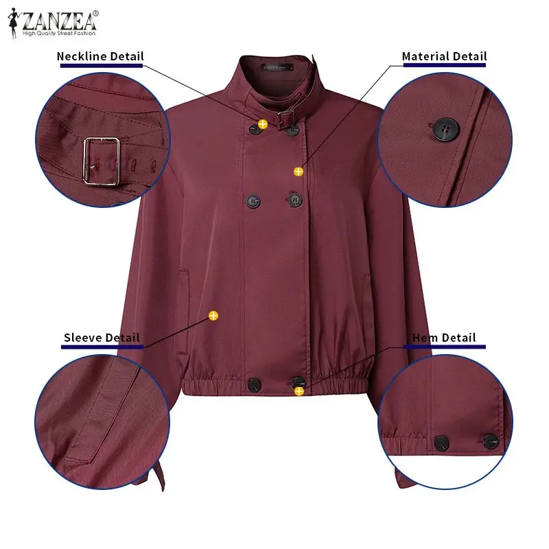 เสื้อโค้ทสั้นสไตล์สปริง ZANZEA ปี 2026 แจ็คเก็ตสำหรับใส่ทำงาน แจ็คเก็ตแขนยาวทรงเข้ารูปสำหรับผู้หญิง กระดุมสองแถว สีพื้น