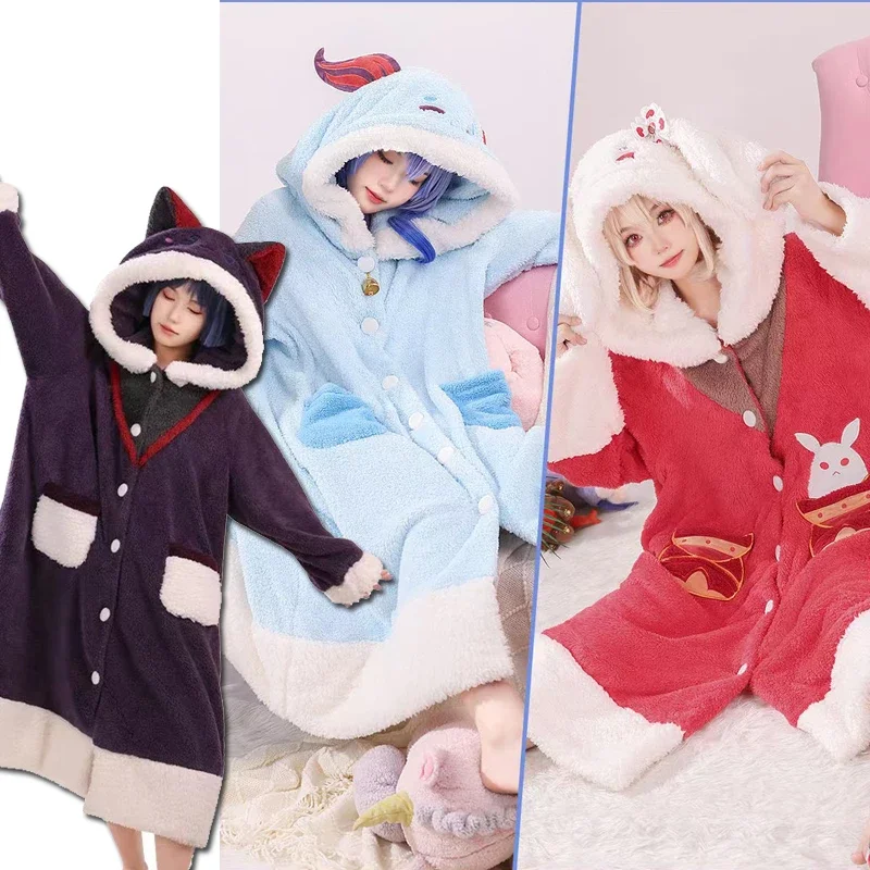 Genshin Impact Cosplay Pajamas Cute Plush Bathrobe Anime Tartaglia Xiao Zhongli Ganyu Scaramouche Winter Hoodie Thick Nightgown