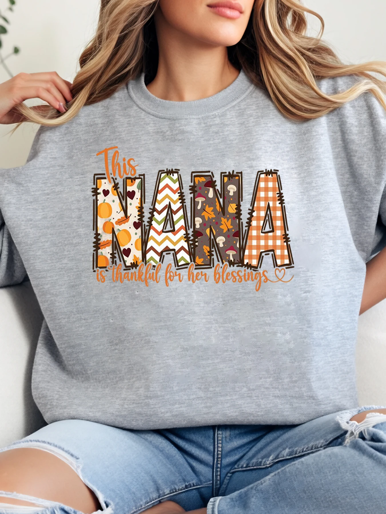 

Осенний урожай Nana, спасибо за ее благословения, толстовка с круглым вырезом и принтом, женский семейный подарок на День Благодарения, большие размеры