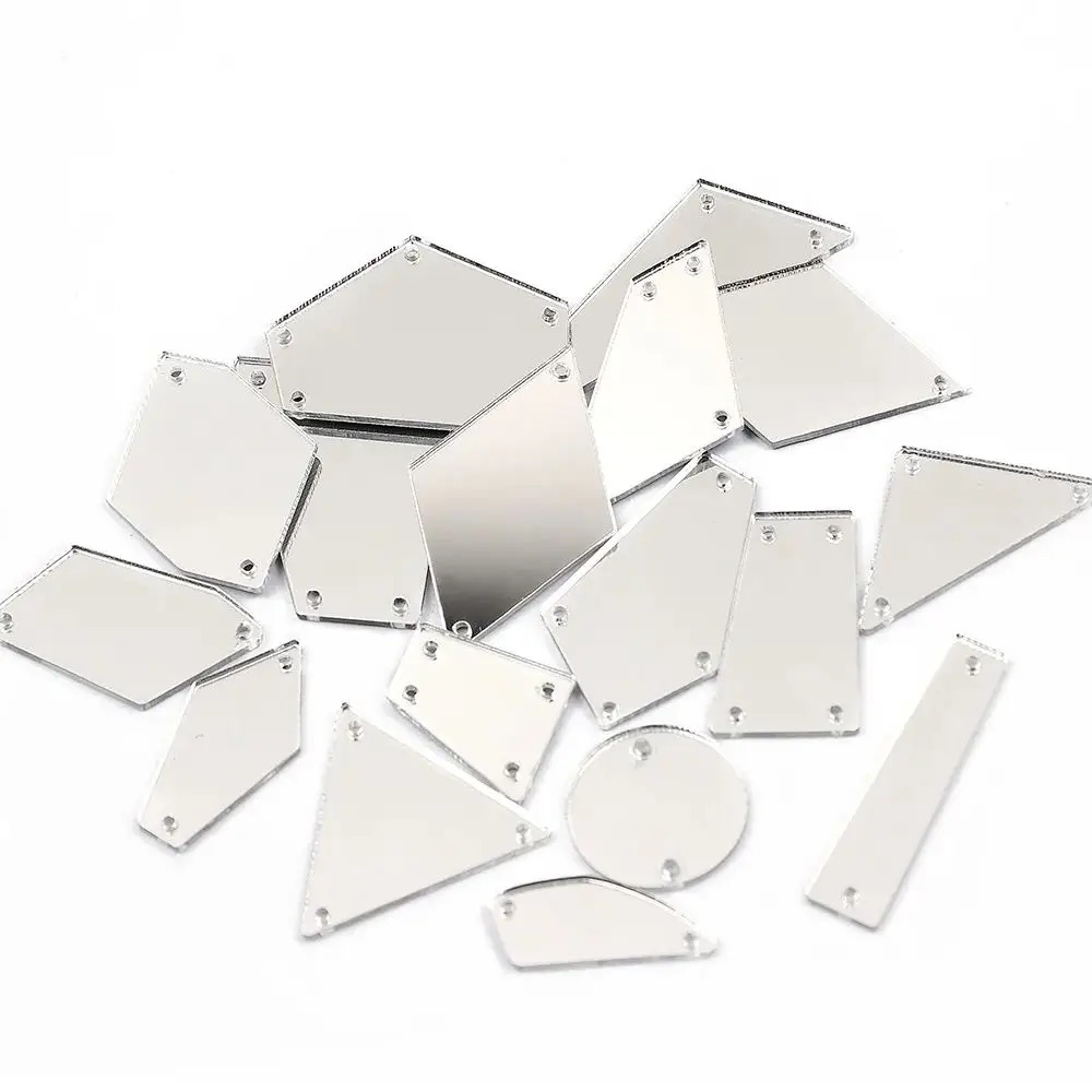 New Clear Strass Wholesale 30Pcs Acrylic Mirror Sew on rhinestones Irregular Acryl flat back Mirror with holes for Dress