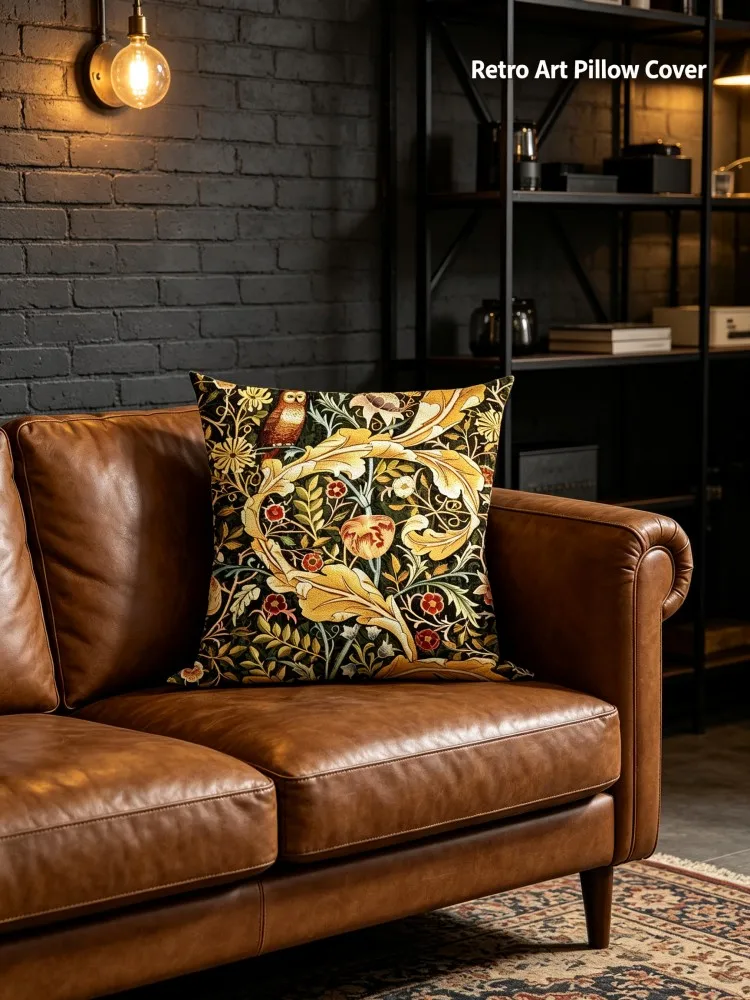 William‑Morris Vintage Floral Bird Pillow Cover, Peach‑Skin Decorative Cushion Case for Sofa Living‑Room Bedroom Home Decor