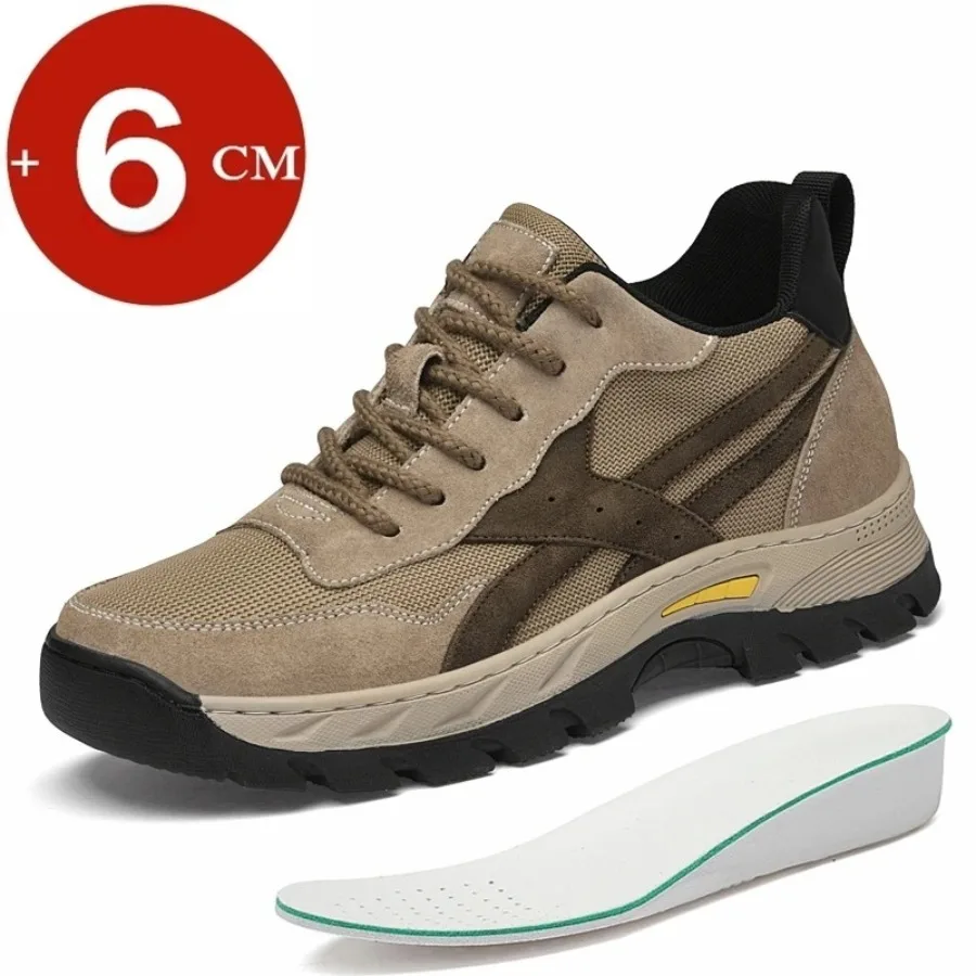 

Men's Breathable Genuine Leather & Mesh Hidden Elevator Casual Sneakers Lift Outdoor Sports Work Hiking Height Increasing Shoes