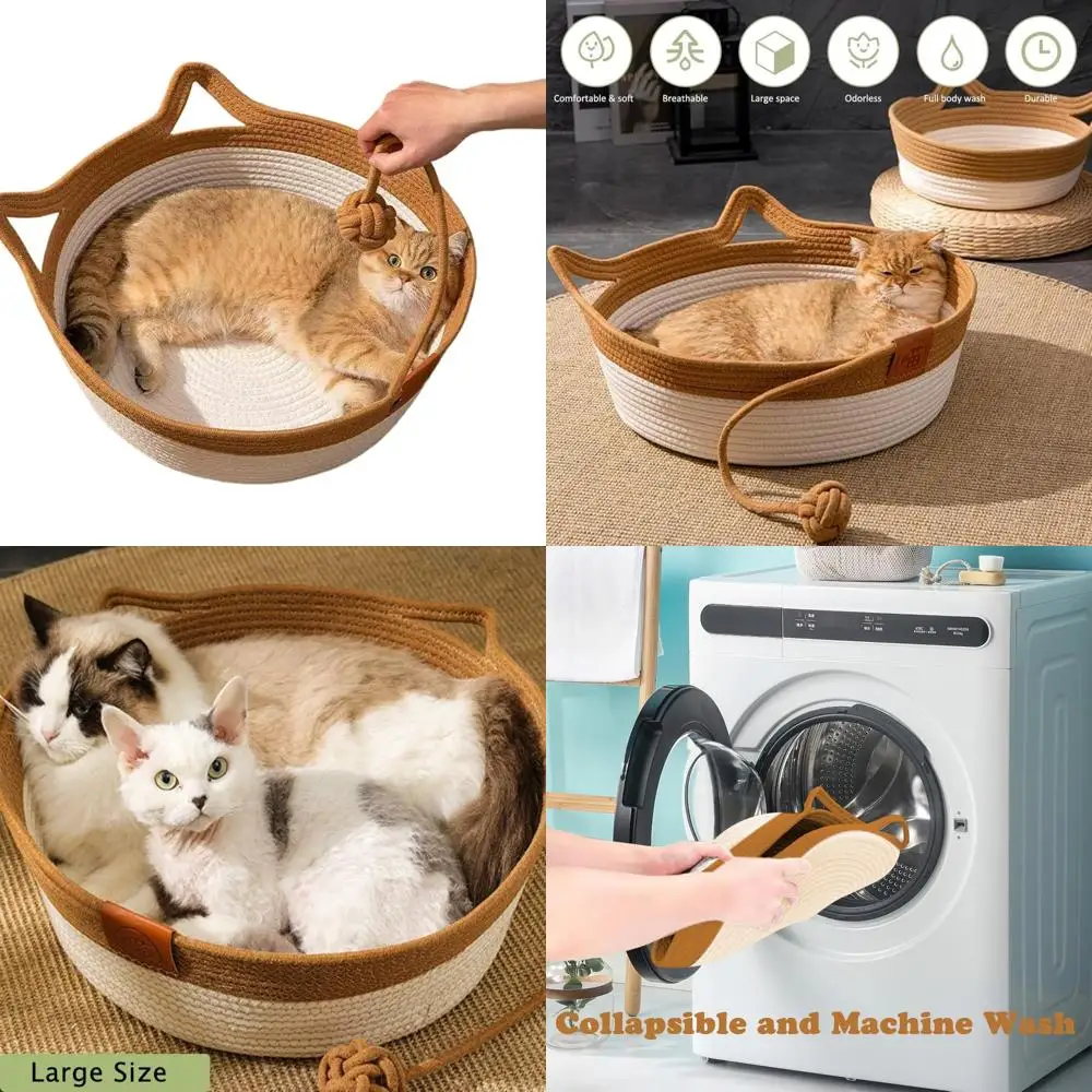 Handwoven Cotton Rope Cat Bed - Breathable & Easy to Clean, Foldable Scratchable Hammock with Cat Ear Design, with a Playing Bal