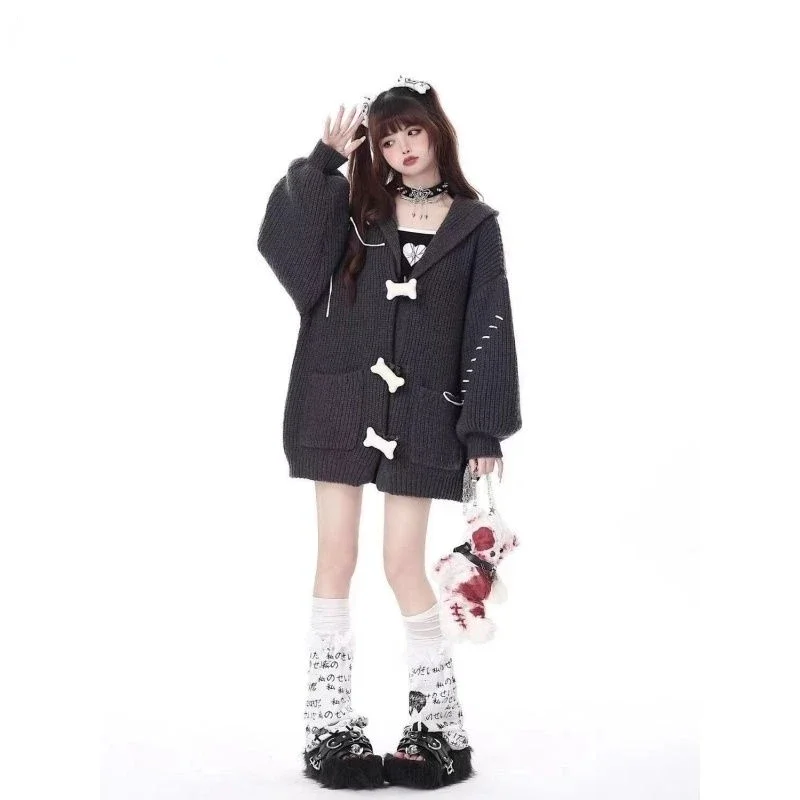 New College Style Cute Bone Button Knit Cardigan Hooded Sweater Women Autumn Winter Japanese Sweet Loose Jacket Y2k Clothes