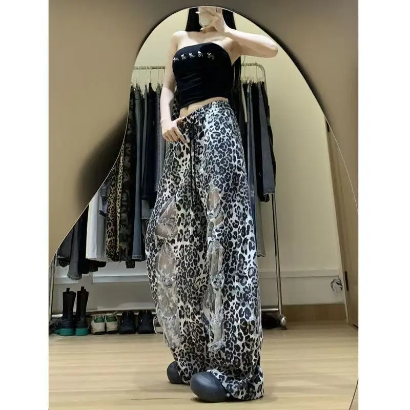 American Leopard Print Lace Patchwork Cutout Wide-Leg Pants Women's Summer Slim 2025 New Drawstring High-Waist Sportswear Pants