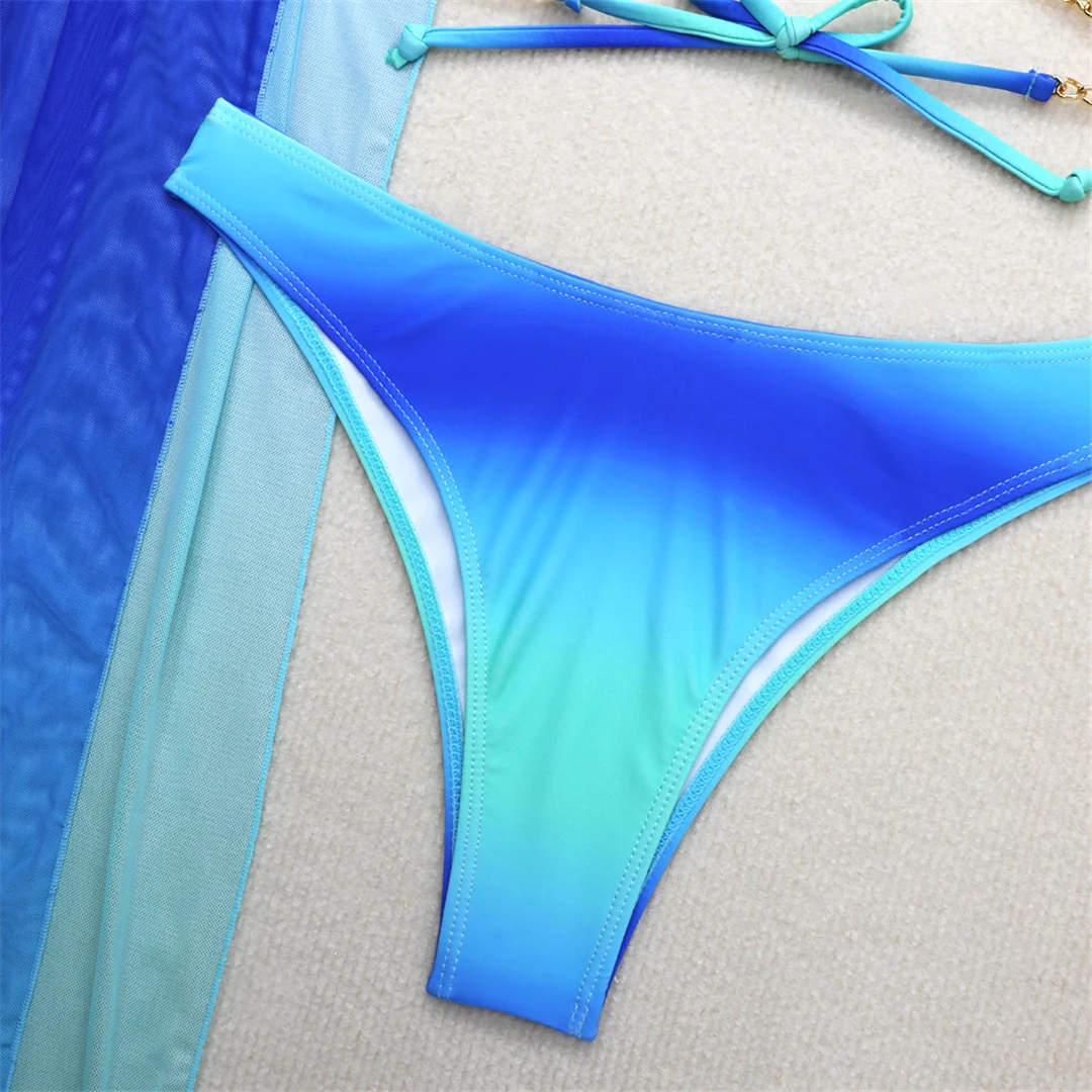 Sexy mit Überwurf, Farbverlauf, Neckholder-Bikini, Damen-Badeanzug, dreiteiliges Bikini-Set, Damen-Bademode, Badeanzug, Badebekleidung, Schwimmbekleidung V5369 – Detail 19