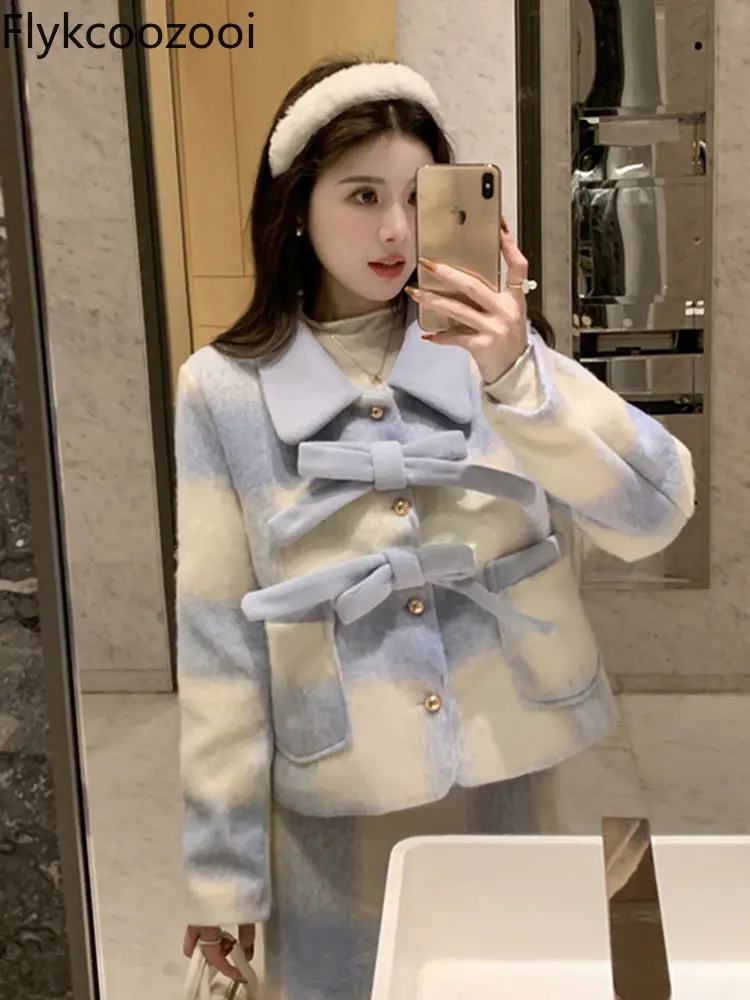 Autumn and Winter Sweet Short Coat Blue Plaid Slimming Half Pack Two Pieces Women Suit for Women Female Blazer Sets with Skirt