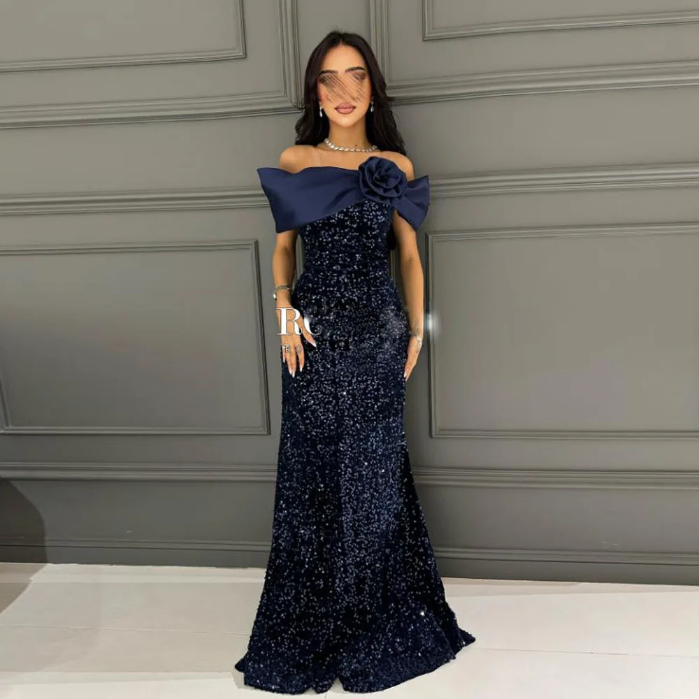 Customized Off Shoulder Sequin Evening Dresses Flower Mermaid Formal Evening Gown Glitter Navy Blue Wedding Party Dress