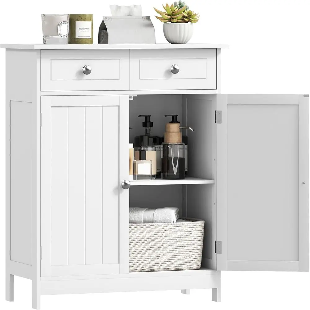 

Freestanding Wooden Bathroom Cabinet with 2 Doors, 2 Drawers, Adjustable Shelves, White