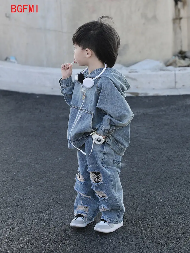 Abbigliamento per bambini ragazzo giacca di Jeans felpe con cappuccio + Jeans 2 pezzi Set autunno primavera Vintage buco pantaloni Pullover con