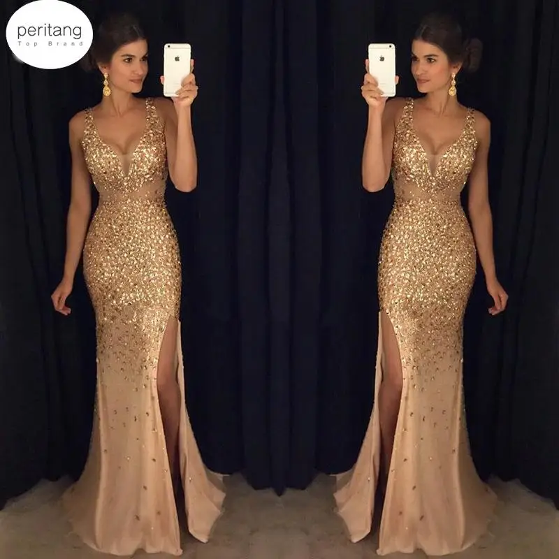 

Vestido De Noche Vintage Sequined Evening Dresses Sexy V-neck Sleeveless Gold Prom Mermaid Gowns Elegant Abendkleider Female