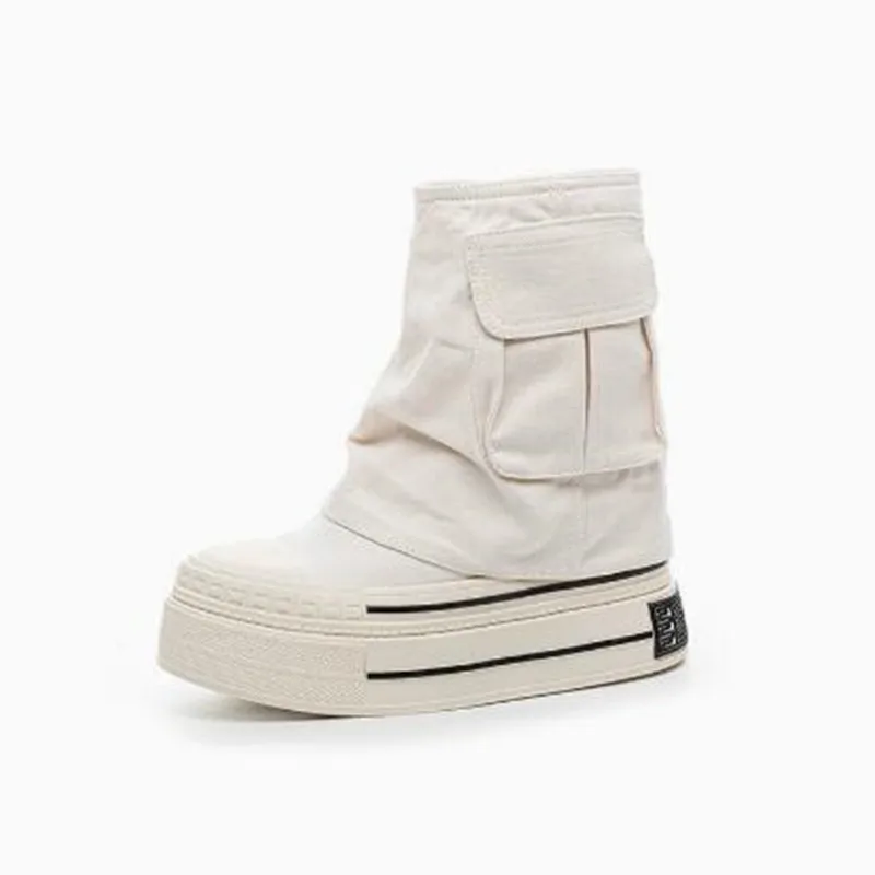 2026 New Women All Season Canvas Boots Zipper Side Inner Height Increase 12cm Ultra High Heel Pocket Ankle Boots Black White