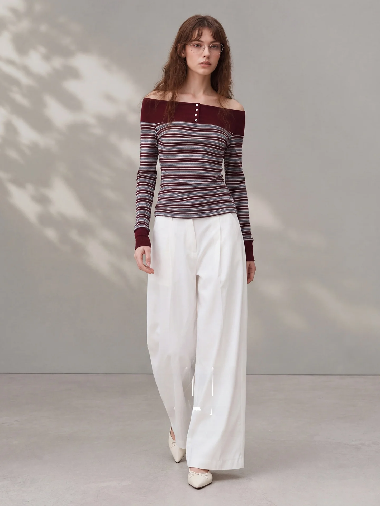 HUAAPPUW Striped Color Block Silk One Shoulder Design Base Shirt Paper Doll Autumn Long Sleeve Casual Style Breathable T-Shirt