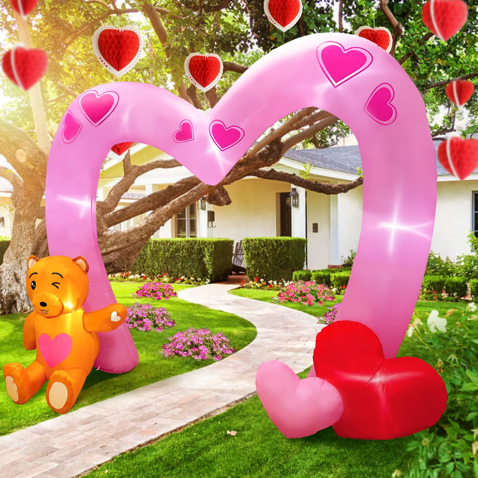 10 FT Valentine's Day Inflatable Archway Decorations LED Light Up Giant Blow Up Heart Arch for Wedding Anniversary Party Toys