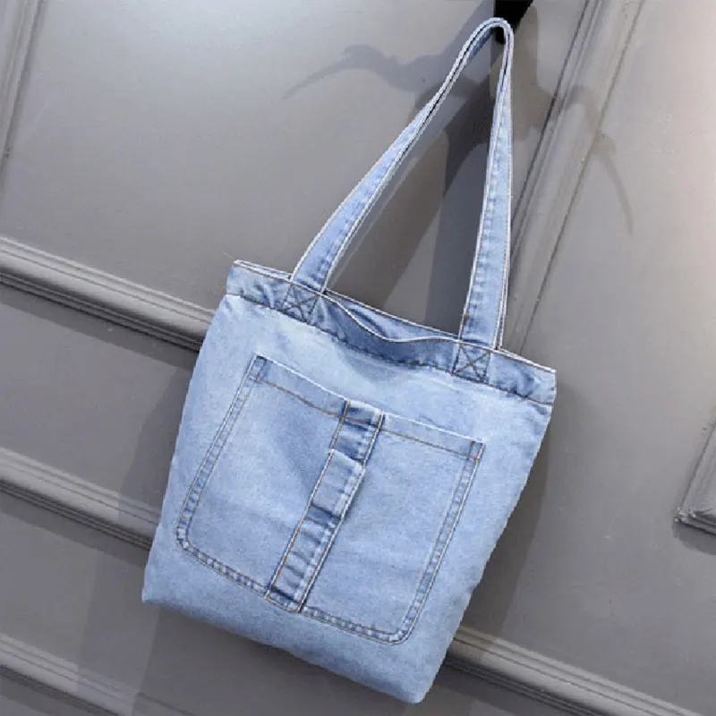 Fashion Women Large Capacity Shoulder Bags Canvas Denim Street Casual Totes Handbag And Purse Solid Color Zipper Shopping Bag