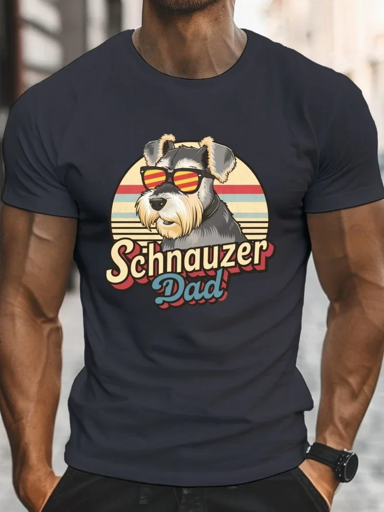 Neues Herren Retro Schnauzer Dad Dog Sonnenbrille Sonnenuntergang Grafik T-Shirt Tierliebhaber Vintage Lässige Streetwear Kurzarm Tier-Oberteil