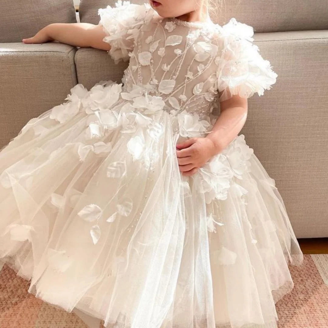 

Stylish Flower Girls Dress for Wedding Short Sleeves White Birthday Party Dress Tulle Floral Princess First Communion Ball Gown