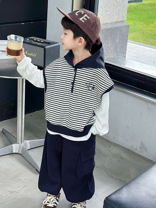 

Spring Clothing Set for Boys 2026 New Children's Vest Tee-piece Set Spring Autumn Boys Stripe Jaet Clothes Long Sve Co...