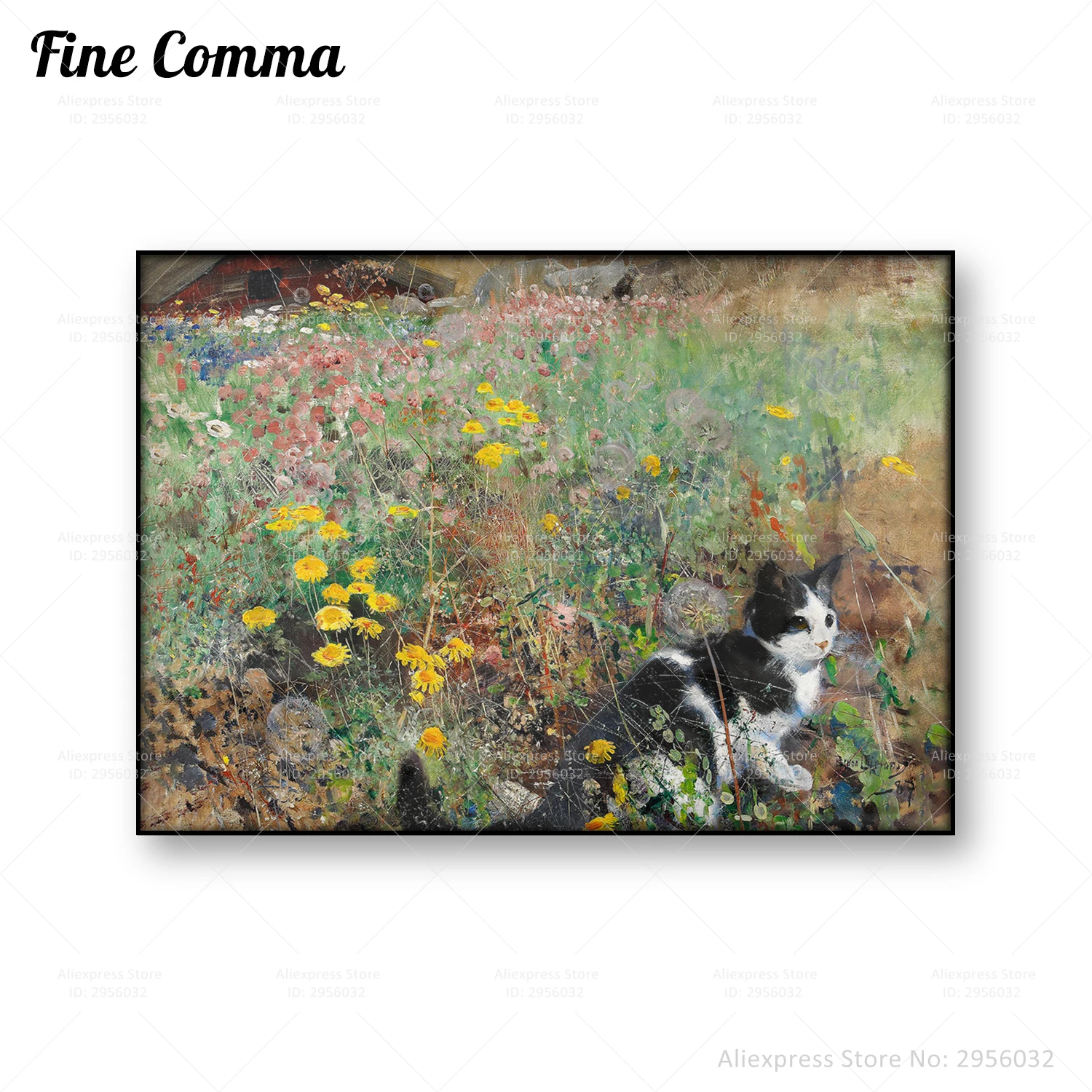 Cat on Flowerbed Bruno Liljefors Vintage Poster Antique Cat Oil Painting Wall Art Canvas Print Wildflowers Black Cat Home Decor