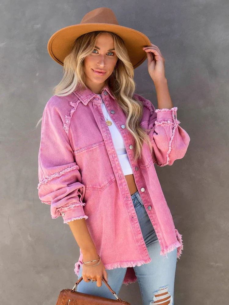 Fashion Loose Turn-down Collar Denim Jacket Coat 2023 Women Casual Denim Jacket Long Sleeve Tassel Solid washed Tops A1889