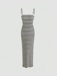 Striped Knit Midi Dress for Women, Straight Neck, Thin Straps, Female Dresses, Fashion