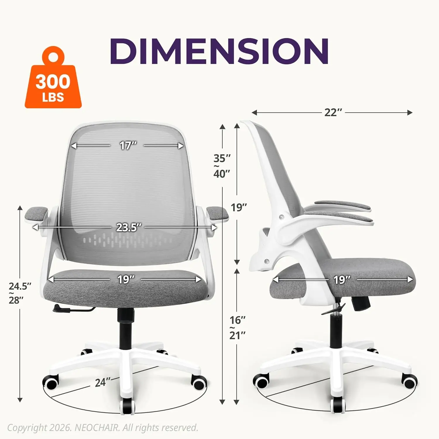 Office Desk Gaming Ergonomic Computer Chair with Lumbar Back Support Adjustable Height Swivel Rolling Wheels Flip-up Arms Mesh C view 2